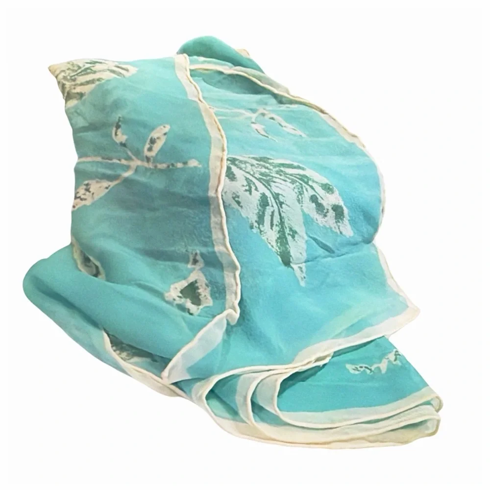 Vintage Silk Chiffon Scarf | Aqua Leaf Print | Oblong Scarf | 31 x 17